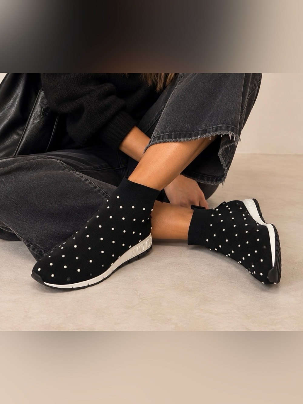 Jimmy Choo Veles Pearl Embellished Black Sock Sneakers Luxury Designer Shoe Sz 8